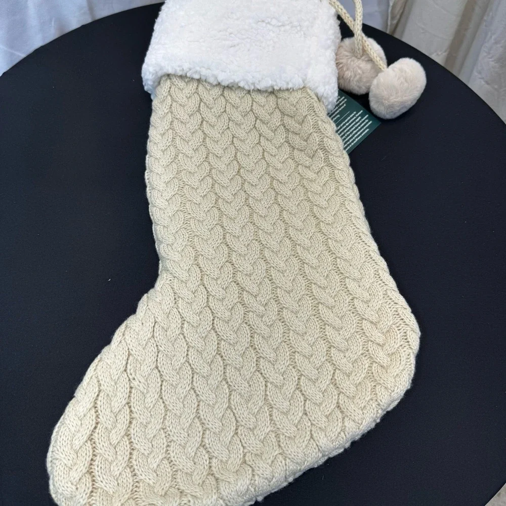 The Humane Society Beige White Paw Print Cable Knit Christmas Stocking 18